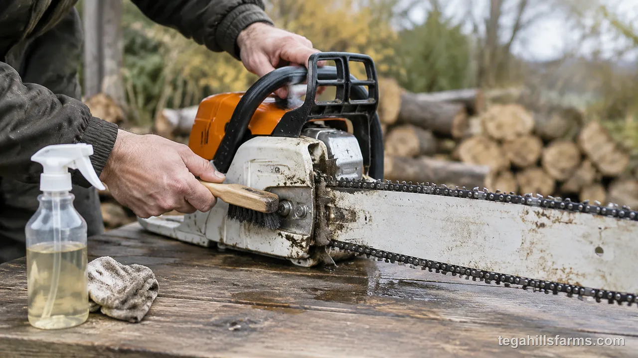 How do you remove hardened sap and disinfect without harming the saw?