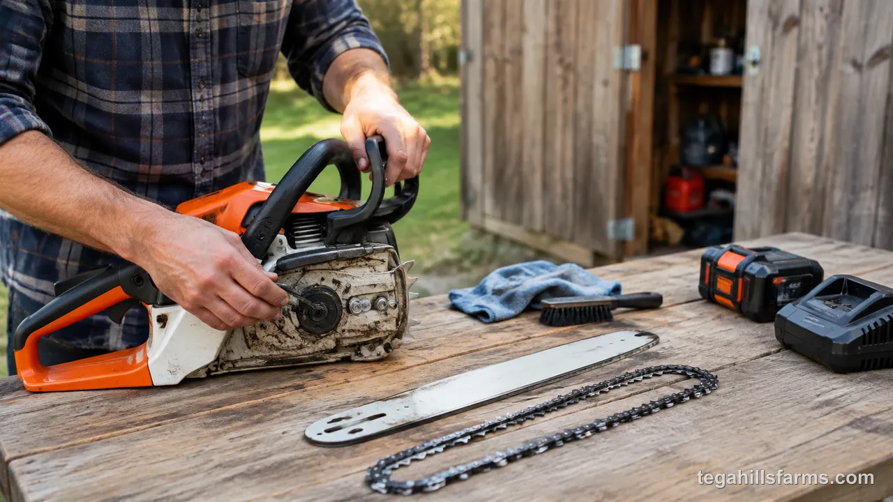 How should you prep a chainsaw before putting it away for winter?