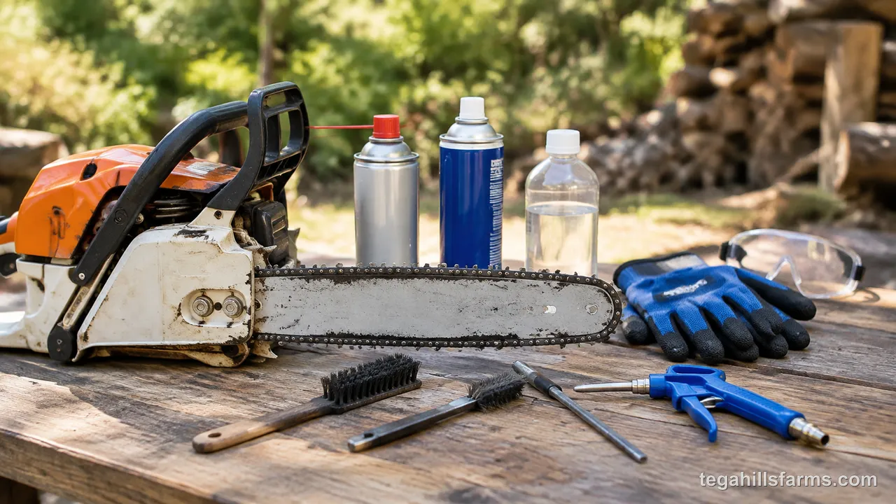 What tools and cleaners do you need to clean a chainsaw safely?