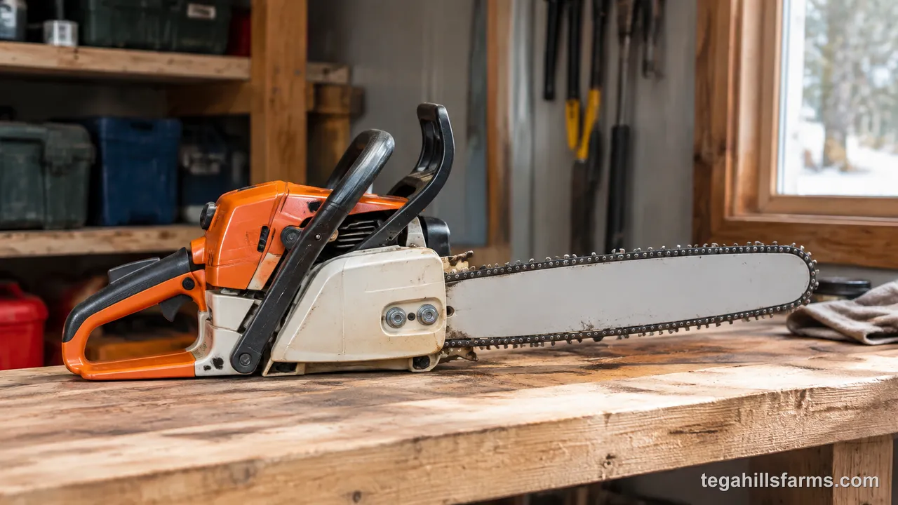 Where and how should you position a chainsaw for winter storage?